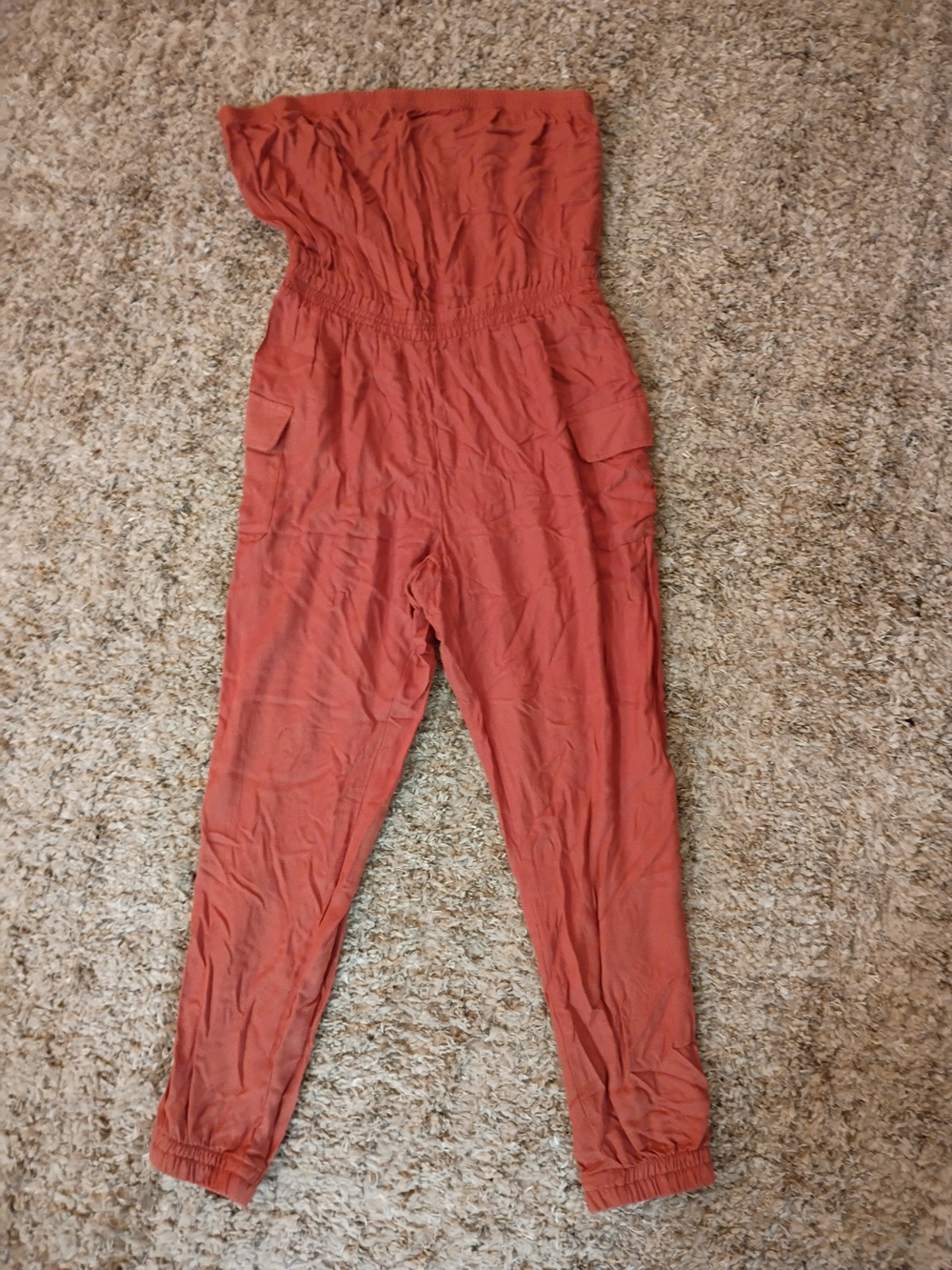 Full Circle Trends Strapless Cargo Jumpsuit in Rust Orange Size XL